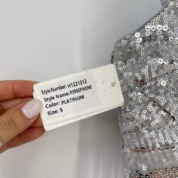 SAYLOR | Persephone Top & Mini Skirt Set in Platinum Silver Sequin Disco S - Picture 7 of 16